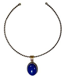 Vtg Navajo Ella Peter Blue Denim Lapis Pendant 925 Silver Twisted Torque Necklac